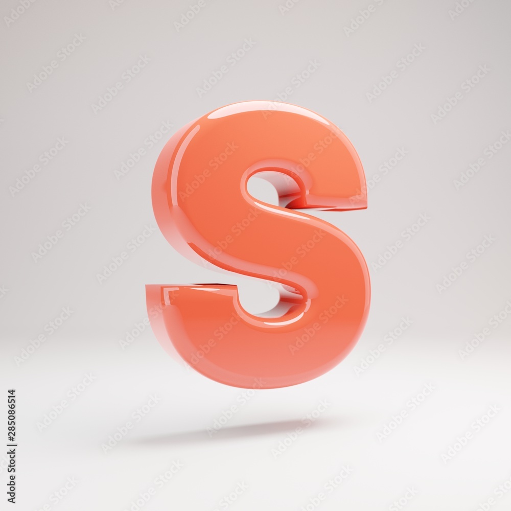 Letter S uppercase. Living Coral font with glossy reflections and shadow isolated on white background. Letter S uppercase. Living Coral font with glossy reflections and shadow isolated on white background.