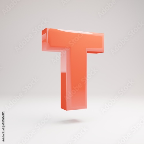 Letter T uppercase. Living Coral font with glossy reflections and shadow isolated on white background.