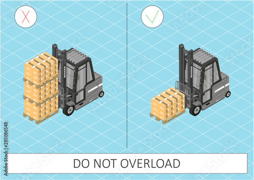 Forklift safety. Do not overload. Gray forklift on a blue background. Flat vector.