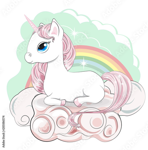 white unicorn in pink clouds