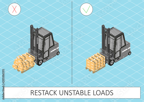 Forklift safety. Restack unstable loads Gray forklift on a blue background. Flat vector.