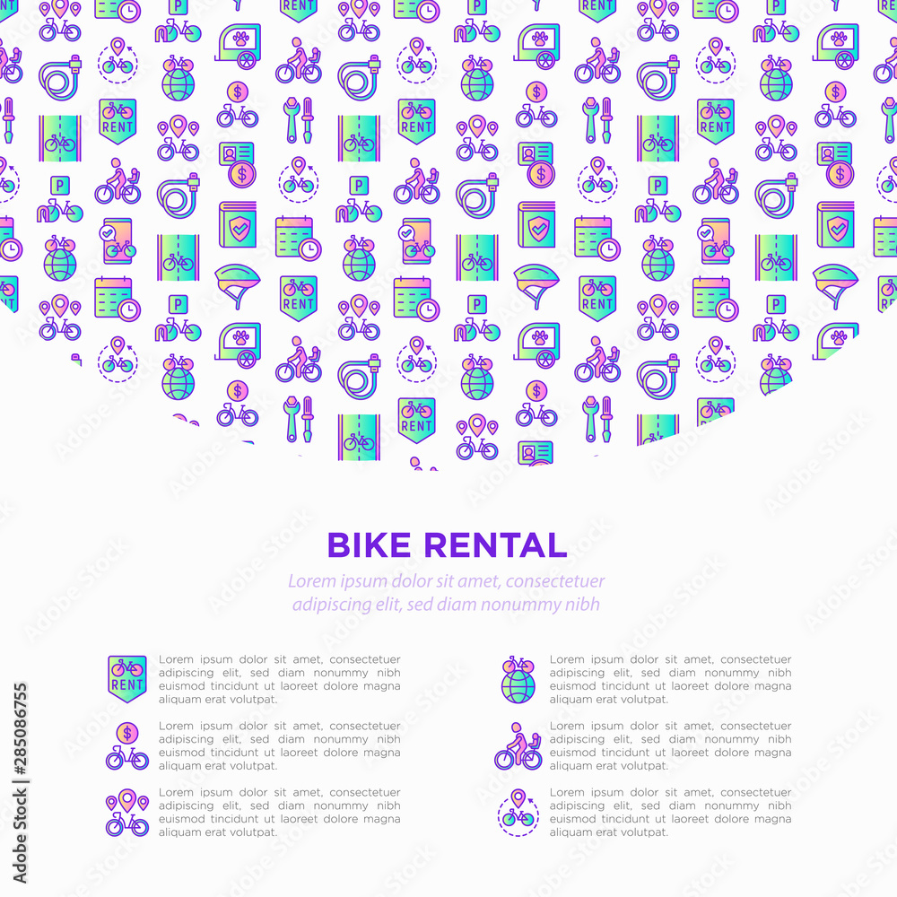 Bike rental concept with thin line icons: rates, bicycle tours, pet trailer, padlock, helmet, child seat, sharing, pointer, mobile app, cycling route. Modern vector illustration for sport issues.