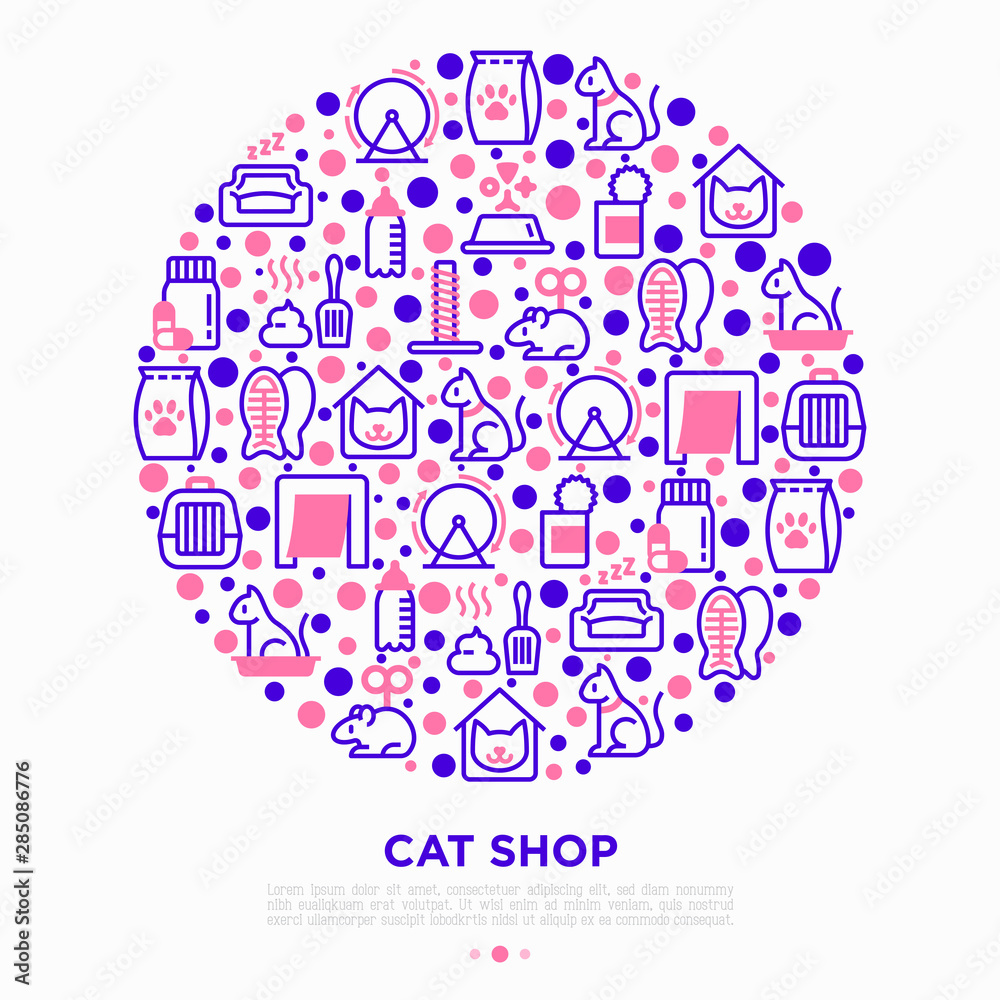 Cat shop concept in circle thin line icons: bags for transportation, hygiene, collars, doors, toys, feeders, scratchers, litter, shack, training. Modern vector illustration. Cat shop concept in circle thin line icons: bags for transportation, hygiene, collars, doors, toys, feeders, scratchers, litter, shack, training. Modern vector illustration.
