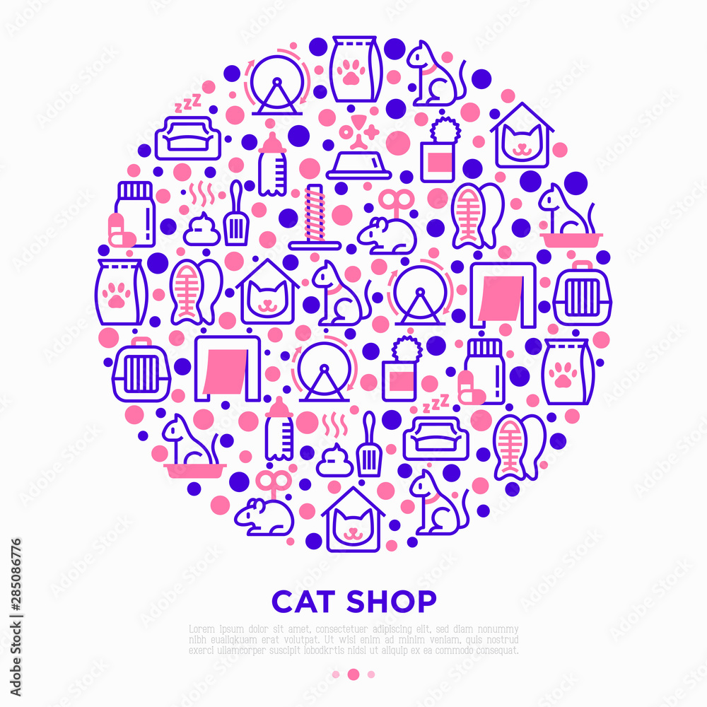 Cat shop concept in circle thin line icons: bags for transportation, hygiene, collars, doors, toys, feeders, scratchers, litter, shack, training. Modern vector illustration.