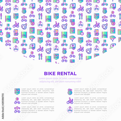 Bike rental concept with thin line icons: rates, bicycle tours, pet trailer, padlock, helmet, child seat, sharing, pointer, mobile app, cycling route. Modern vector illustration for sport issues.
