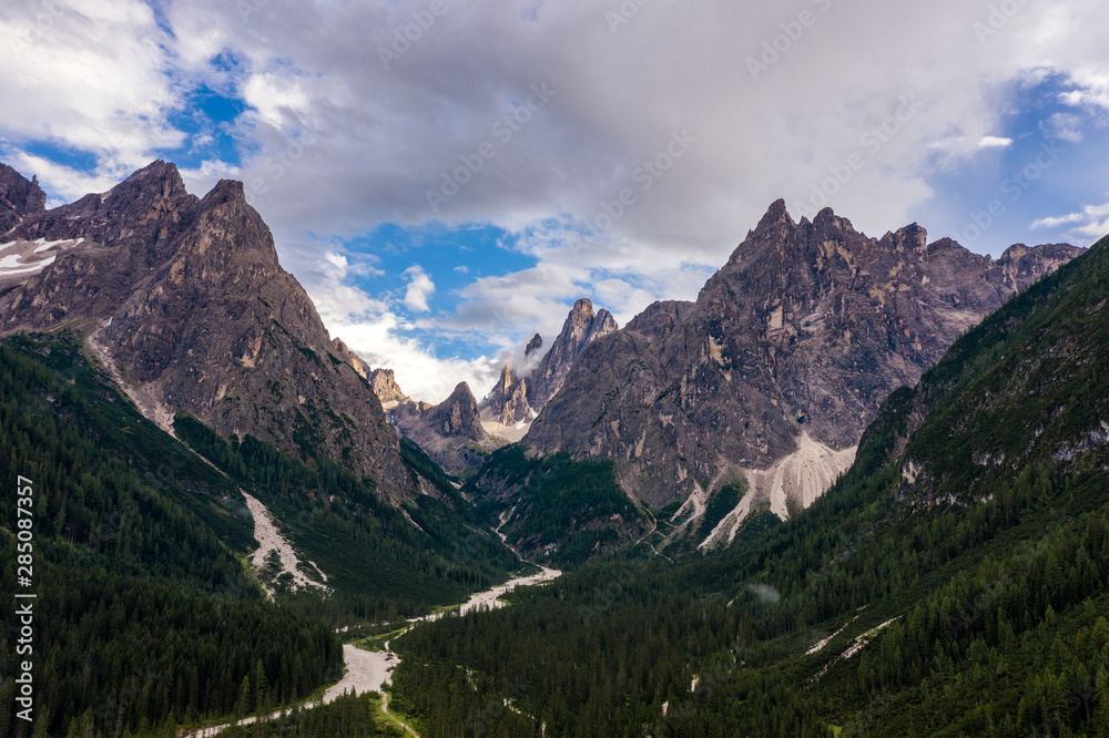 Panoramic view of the Dolomites, Fischleintal and Tre Cime di Lavaredo. Drone photography. Panoramic view of the Dolomites, Fischleintal and Tre Cime di Lavaredo. Drone photography.