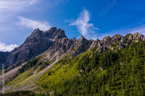 Panoramic view of the Dolomites, Sextener Rotwand. Drone photography