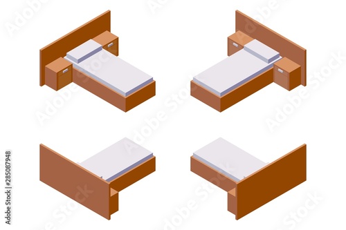 Hotel interior room elements concept isimetric collection. Bed for one person in various foreshortening with bedside table, isolated on white background