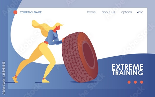 Young woman doing extreme training exercise with large tire. Sport landing page or banner good for gym and bodybuilding class or studio with blue wave