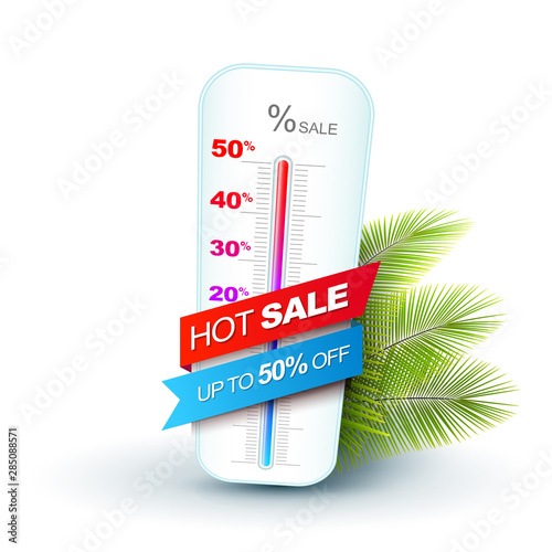 Hot sale concept with thermometer shows discount percentage Creative summer discount banner with plam leaves.