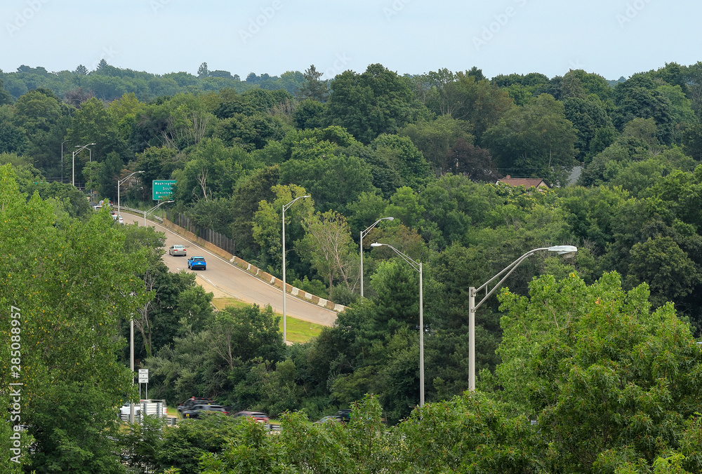 Looking down at the highway below outside of Quincy, Massachusetts