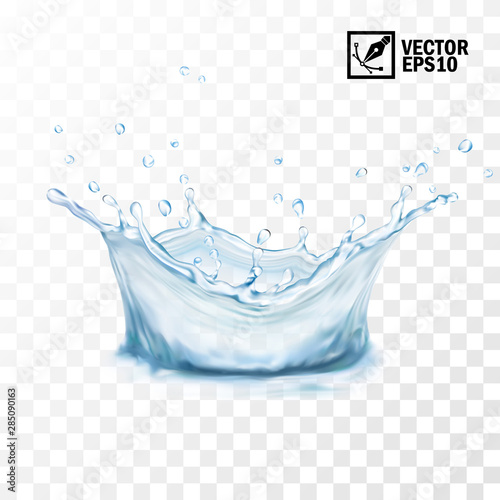 Realistic transparent isolated vector splash of water with drops. Editable handmade mesh