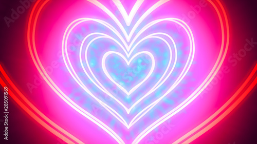 Tunnel of neon hearts - heart-shaped neon tube-like light objects, that are hovering amid a fanciful environment - digitally generated image