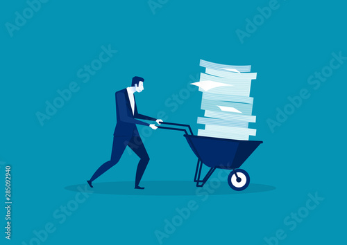Businessman pushing  a wheelbarrow full of paper.  hard work concept illustration photo