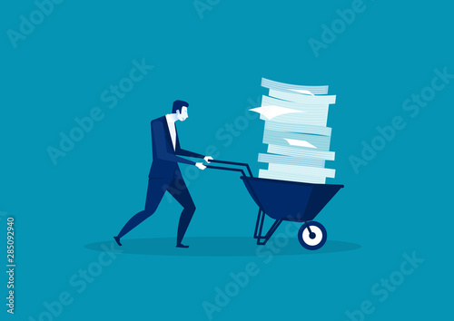 Businessman pushing  a wheelbarrow full of paper.  hard work concept illustration