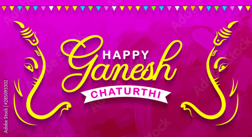 Happy Ganesh Chaturthi. Indian Festival of lord Ganapati Banner, Logo design, Sticker, Concept, Greeting Card, Template, Icon, Poster, Unit, Label, Web, Mnemonic on pink paint brush stroke Background