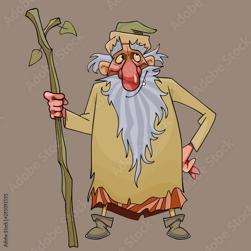 cartoon cheerful bearded grandfather with a staff in his hand