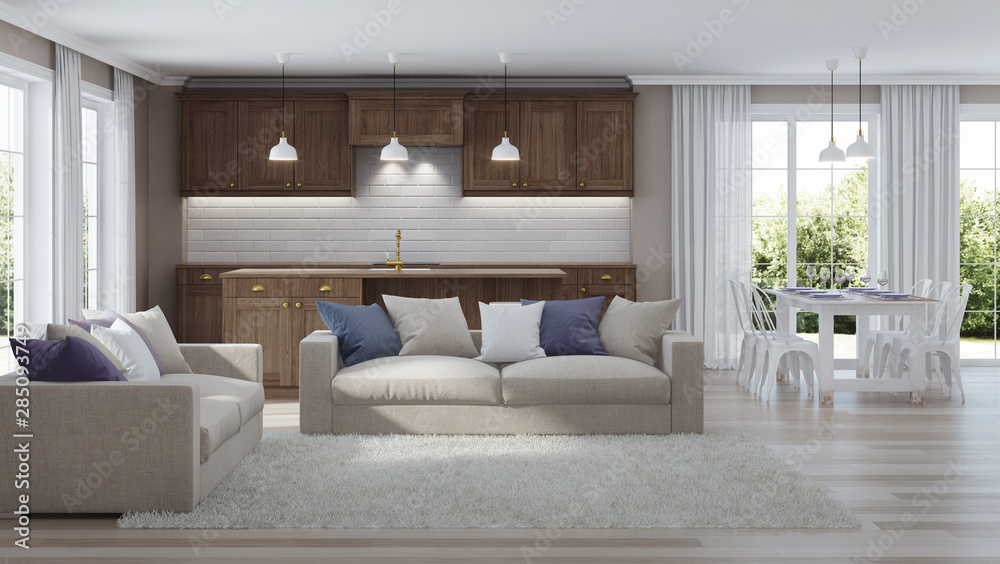 Fototapeta premium Modern home interior with wooden kitchen. 3D rendering.