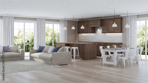 Modern home interior with wooden kitchen. 3D rendering.