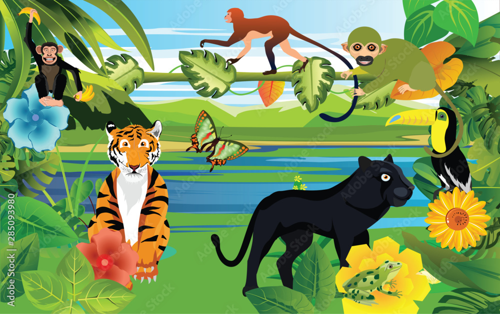 Cartoon animals on jungle background, tiger, panther, monkeys, birds and  tropical plants, vector illustration Stock Vector | Adobe Stock