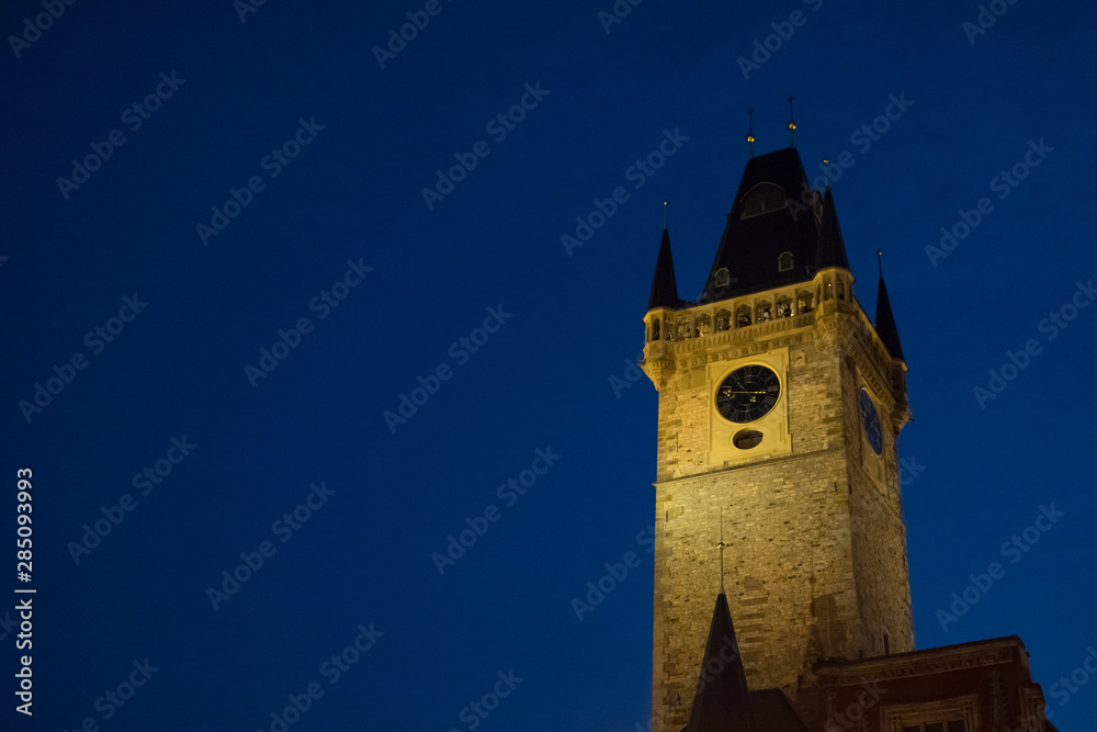 Old Town Hall tower at night at Staromestska square in Prague
