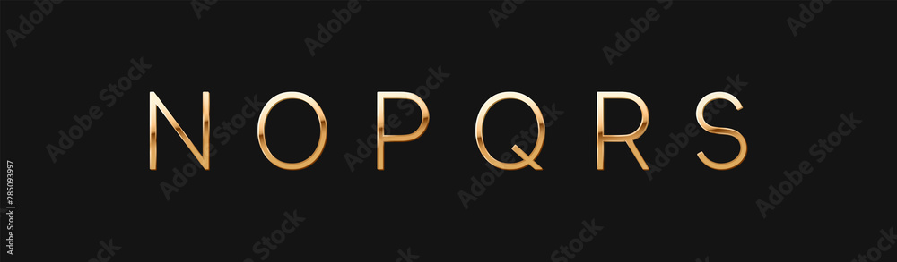 Golden elegant letter N, O, P, Q, R, S. Chic Design sign isolated on black background. Gold Alphabet, font luxury. vector illustration
