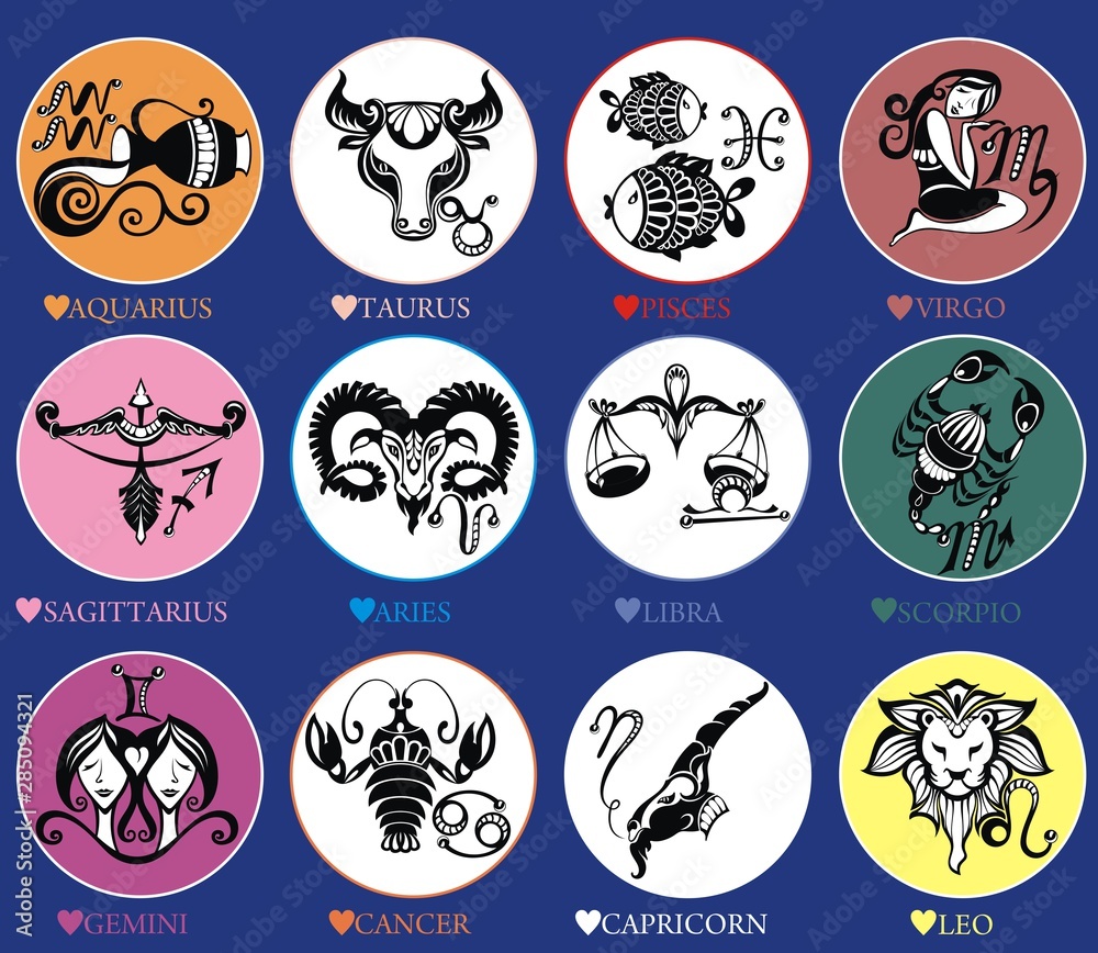 Set illustration with cartoon zodiac signs Set illustration with cartoon zodiac signs