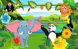 Cartoon animals on jungle background, elephant, bear, birds, leopard and tropical plants, vector illustration