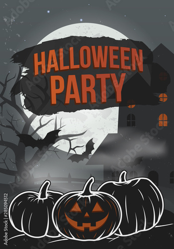 Halloween Party poster with pumpkins, bats, haunted house and full moon. Halloween flyer, background, banner. Vector illustration