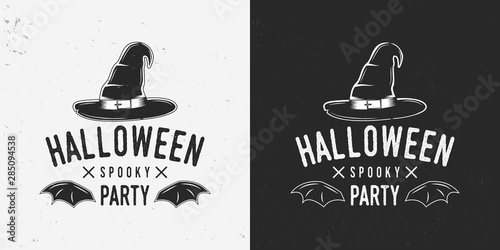 Halloween party badge, label, logo. Vintage halloween label with witch's hat and bat wings. Vector illustration