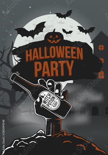 Halloween Party poster with zombie hand, beer bottle, haunted house, bats and full moon. Halloween background. Vector illustration