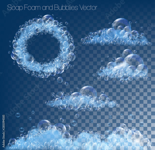 Big collection with soap foam and bubbles on transparent background. Vector illustration