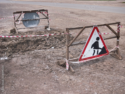repair work, sign on the road direction and detour.