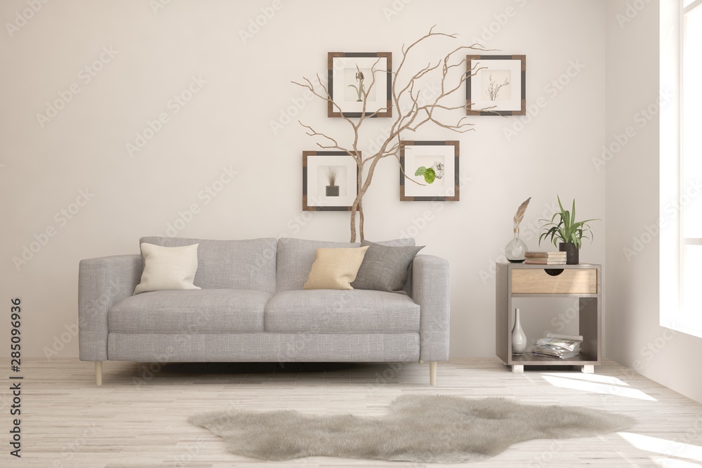 Stylish room in white color with sofa. Scandinavian interior design. 3D illustration Stylish room in white color with sofa. Scandinavian interior design. 3D illustration