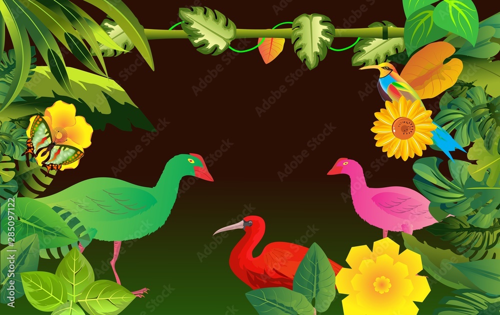 vector jungle theme illustration with birds, exotic plants. Bird in  background, Tropical floral frame with black sky. Design template