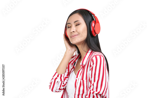 Beautiful woman with headphones on white background © 5second