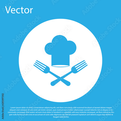 Blue Chef hat and crossed fork icon isolated on blue background. Cooking symbol. Restaurant menu. Cooks hat. White circle button. Vector Illustration