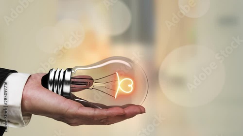 Hand holding lighting bulb lamp with dream shape curtain sky image background, 3D rendering animation, macro view