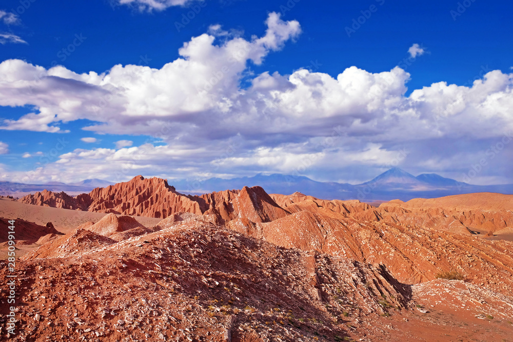 Fototapeta premium View of the Mars Valley near San Pedro de Atacama against a blue dramatic sky.