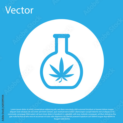 Blue Chemical test tube with marijuana or cannabis leaf icon isolated on blue background. Research concept. Laboratory CBD oil concept. White circle button. Vector Illustration