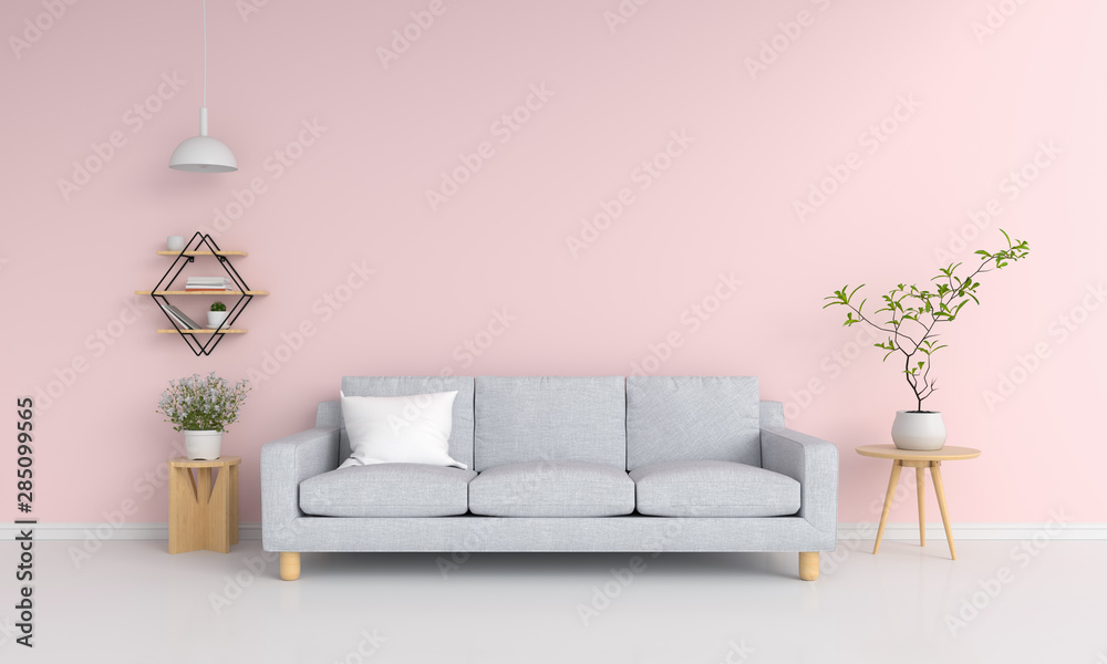Gray sofa in pink living room, 3D rendering - obrazy, fototapety, plakaty 