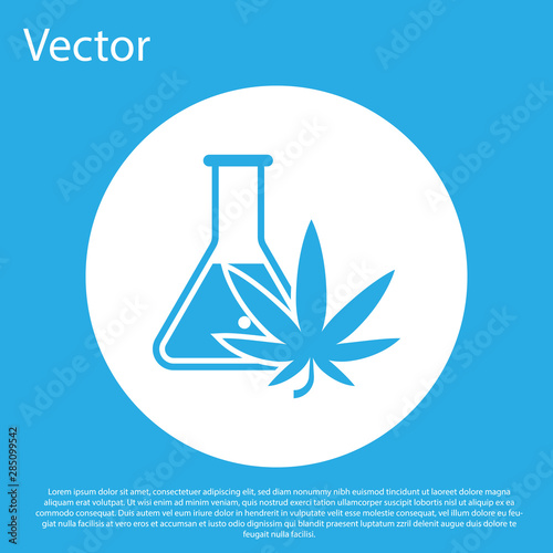 Blue Chemical test tube with marijuana or cannabis leaf icon isolated on blue background. Research concept. Laboratory CBD oil concept. White circle button. Vector Illustration