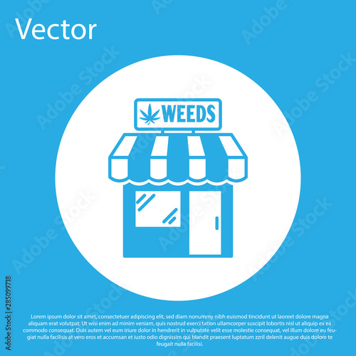 Blue Marijuana and cannabis store icon isolated on blue background. Equipment and accessories for smoking, storing medical cannabis. White circle button. Vector Illustration
