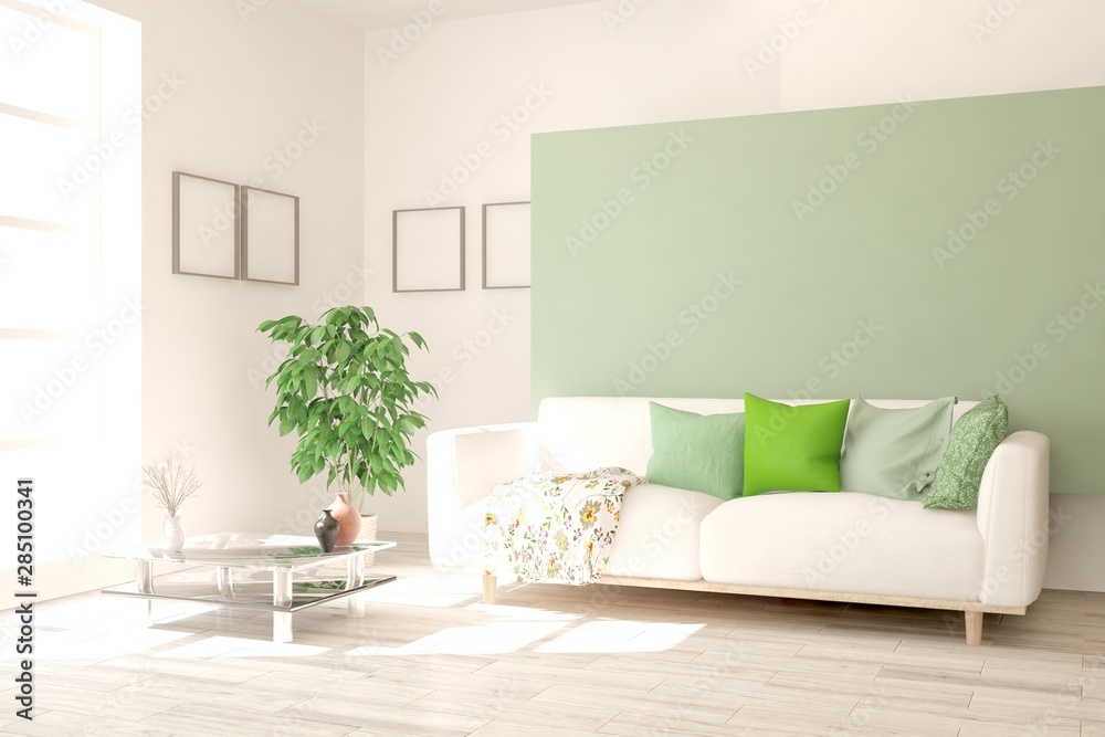 Fototapeta premium Stylish room in white color with sofa. Scandinavian interior design. 3D illustration