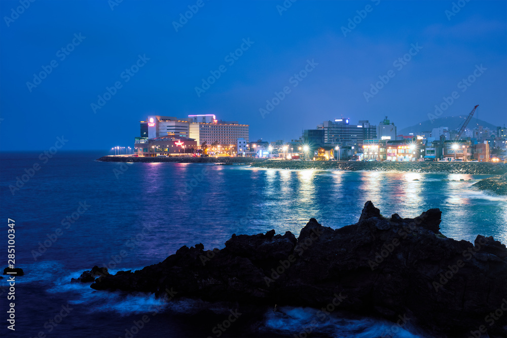 Jeju town illuminated in night, Jeju island, South Korea