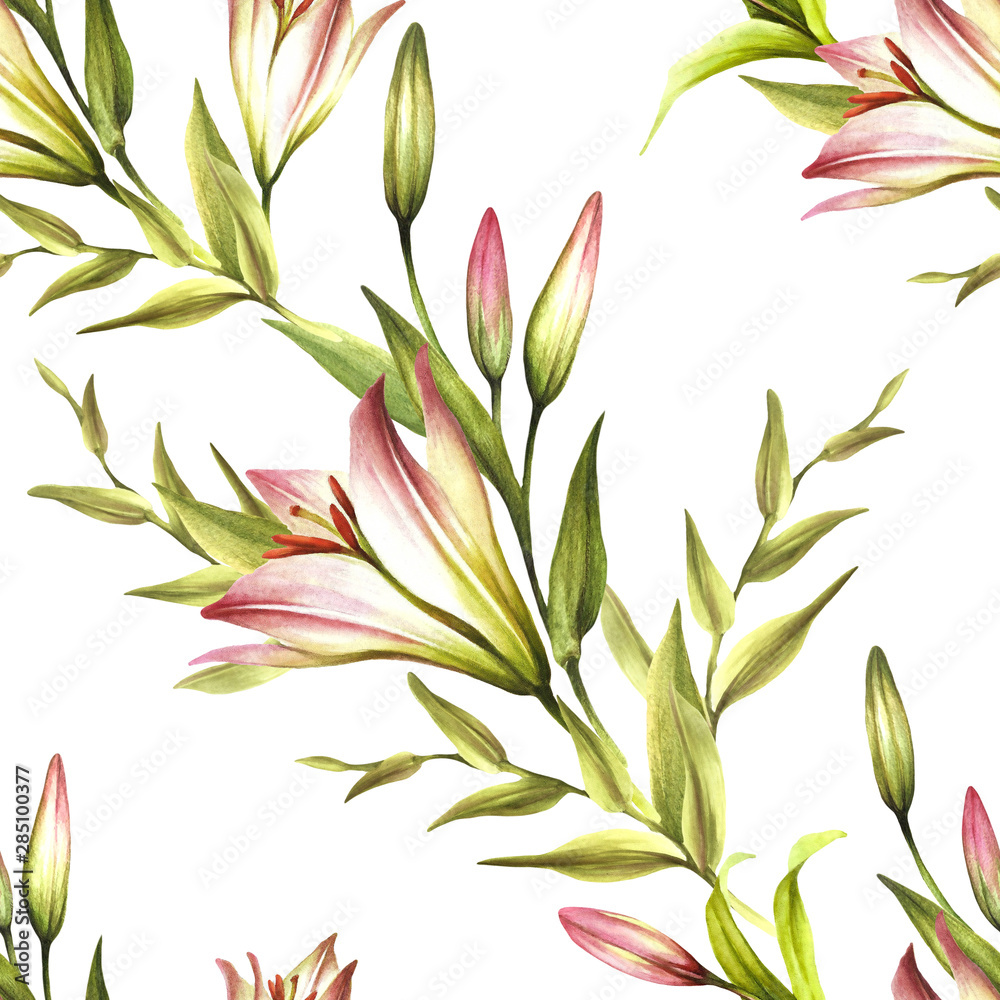 Seamless pattern with lilies. Hand draw watercolor illustration.