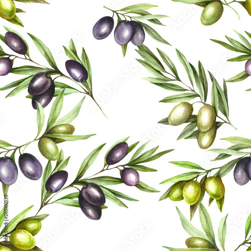 Seamless pattern with ripe black and green olives on white. Hand draw watercolor illustration.