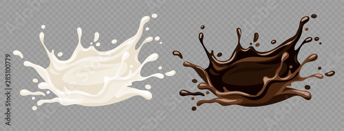 Milk yoghurt and chocolate food splashes. Spray and drops of simple of sweet liquids Isolated on transparent grid background. Eps10 vector illustration.
