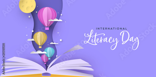 Literacy Day open book papercut hot air balloon