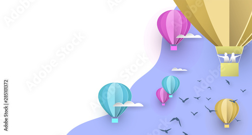 Paper hot air balloon white copy space background